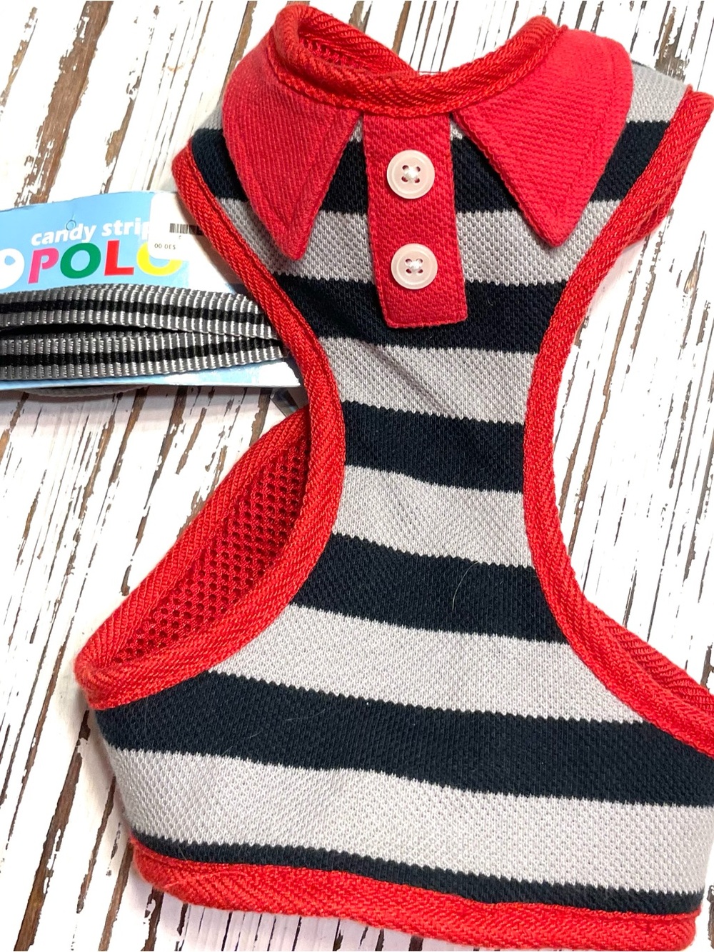Striped grey and black Red-Trim Dog Harness with Matching Leash Large